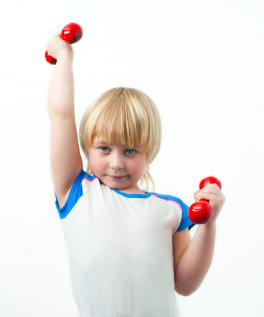Little strong man with dumbbells