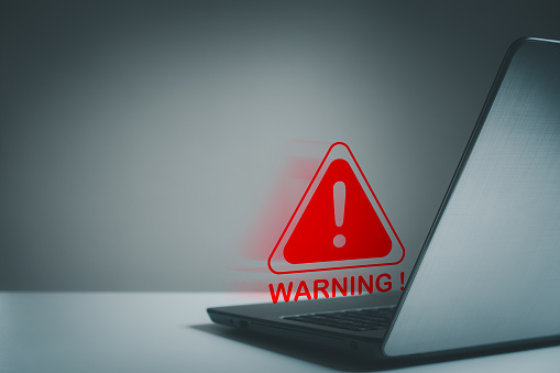 Virus and cybercrime, system warning hacked alert, cyberattack on computer network. Cybersecurity vulnerability, data breach, illegal connection, compromised information concept. Malicious software.