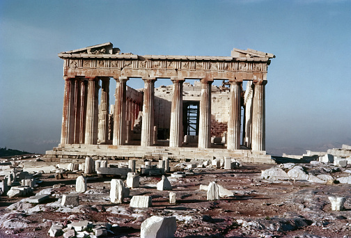 Athens, Greece- July 1955: View of the Parthenon ruin on the acropolis of Athens, scan from vintage amatuer-shot Kodak Ektachrome 35 mm transparency slide film.