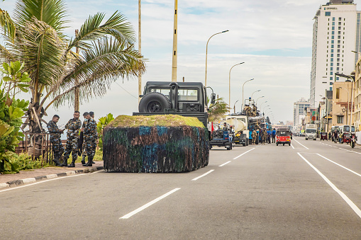 Setubal, Portugal: Portuguese Army MIM-72A/M48 Chaparral on parade with camouflage nets - self-propelled surface-to-air missile system based on the AIM-9 Sidewinder air-to-air missile system. The launcher vehicle is based on the M113 family of vehicles - BrigMec / Brigada Mecanizada BAA BMI.