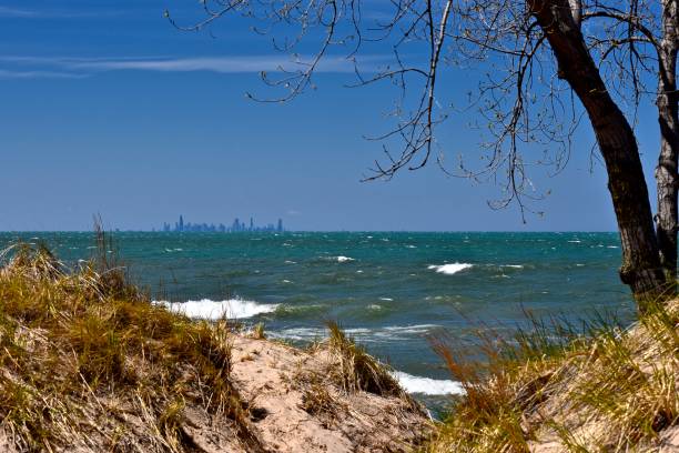 дюны индианы с горизонтом чикаго - chicago lake michigan skyline indiana стоковые фото и изображения