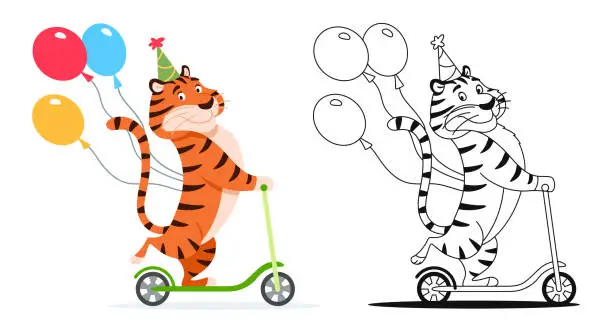 Vector illustration of Coloring page. Cartoon tiger with balloons rides a kick scooter on white background. Cute animal character for kids preschool activity. Worksheet design. Black and white outline vector illustration.