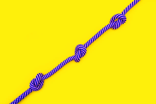 Multicolored rope with three knots on a yellow background. A strong blue-pink rope with knots in the center of a yellow background placed diagonally with free space for advertising or text