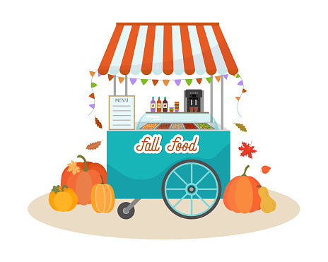 Fall food cart flat design. Autumn street food stall. Farm take away food stand with signboard, orange booth, coffee machine. Sausages, potato slices, broccoli, mushrooms in menu. Food truck fest.
