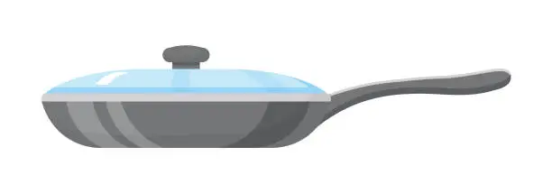 Vector illustration of Frying pan with lid, ceramic or metal black pot with glass cap for cooking, side view