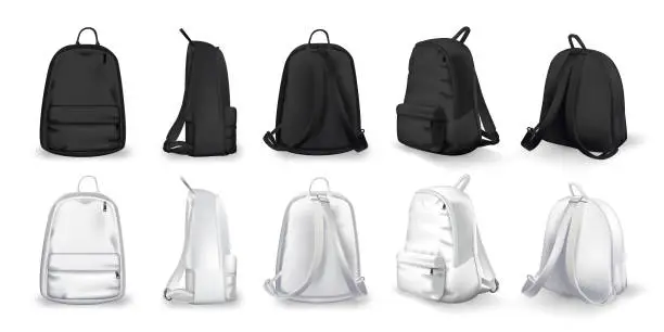 Vector illustration of Black and white backpacks design front, back, side and isometric view set. College or school rucksack mockup vector illustration. Realistic youth pack of fabric for study or sport isolated on white