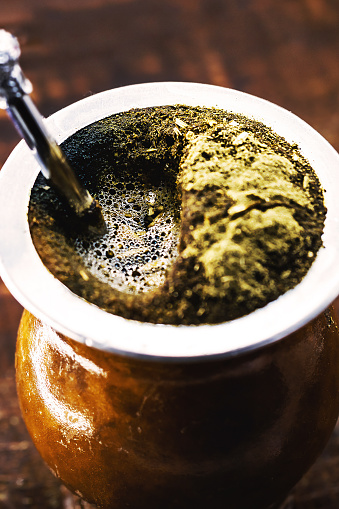 Chimarrão, or mate, is a beverage characterized by South American culture. Typical Brazilian drink, served hot and frothing. Tasty traditional drink from Rio Grande do Sul state. Gaucho symbol.