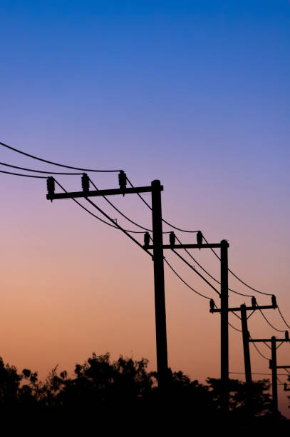 istock Electric pole and lines with colorful twilight sky 1645205752