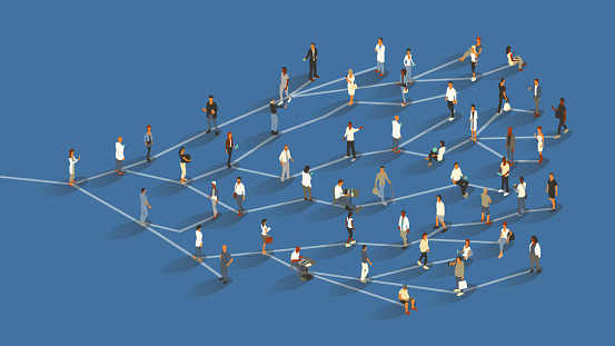 A group of approximately 50 healthcare professionals stands on branching lines to illustrate the concept of a network effect or viral communication. Isometric vector presented in a 16x9 artboard, over a blue background.