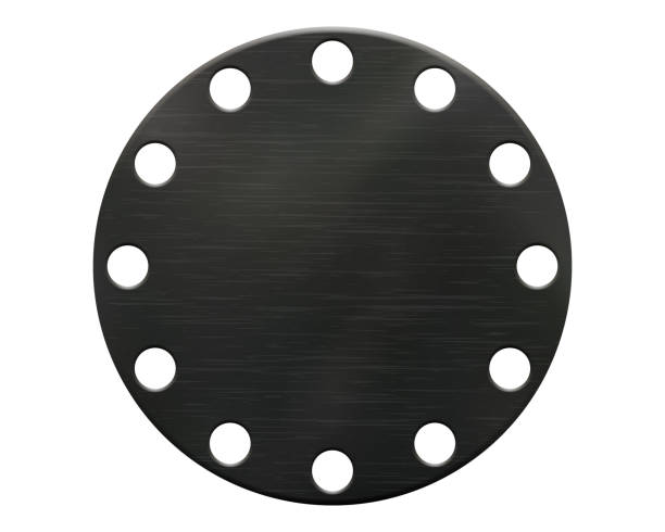 Realistic vector illustration of round black blind rubber gasket with a dozen of small circular holes Realistic vector illustration of round black blind rubber gasket with a dozen of small circular holes. A technical product for the insulation of pipelines and cars in flanged connections pvc flange stock illustrations