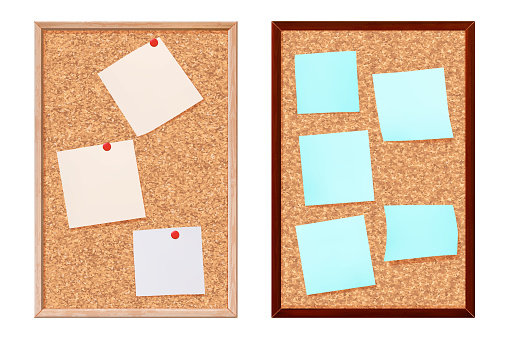 Two vertical cork pinboards in wooden frame with several pinned or sticky sheets of paper. Message board with a grainy pattern for pinning notes, to-do lists, photos. Vector illustration.