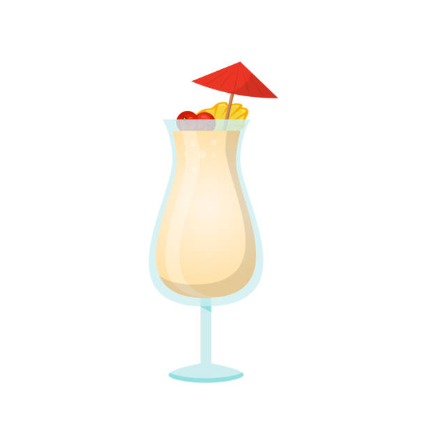 ガラスのベクターイラストでカクテルピナコラーダ。傘とアイスキューブを使った白い夏のアルコール飲料、バーでのビーチプールパーティー用の熱帯の新鮮な飲み物と漫画の分離型カップ - drink umbrella cocktail glass isolated点のイラスト素材／クリップアート素材／マンガ素材／アイコン素材