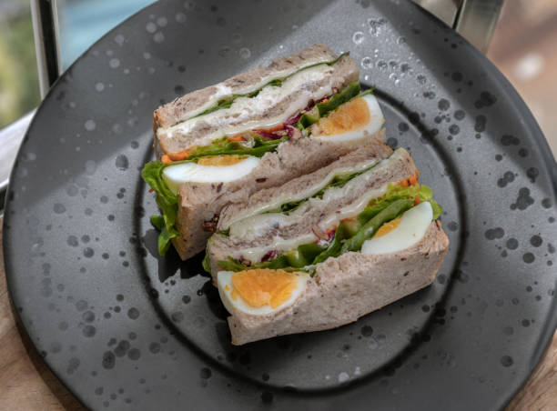istock Homemade sandwich's stuffed with chicken breast, cheese, boiled eggs and fresh vegetables. 1645256520