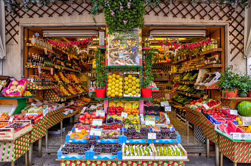 Milan, Italy - July 12, 2022: A produce stand on the streets in Milan