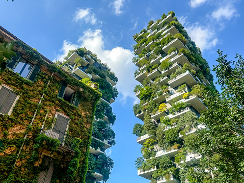 Milan, Italy - July 12, 2022: Exteriors of the Bosco Verticale residential buildings in Milan