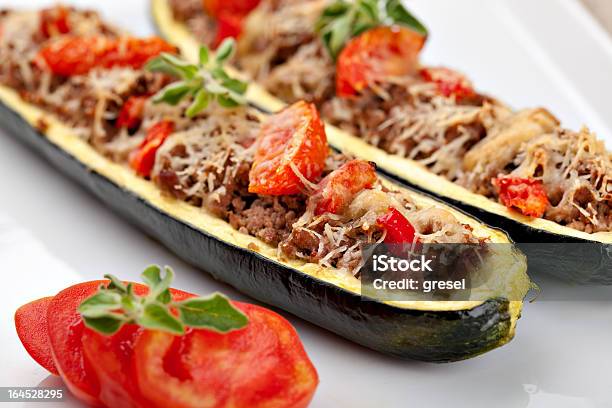 Zucchini Halves Stuffed With Minced Meat Stock Photo - Download Image Now - Baked, Beef, Cheese