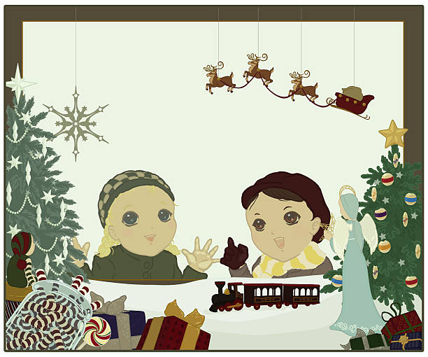 Children in Christmas Window vector art illustration