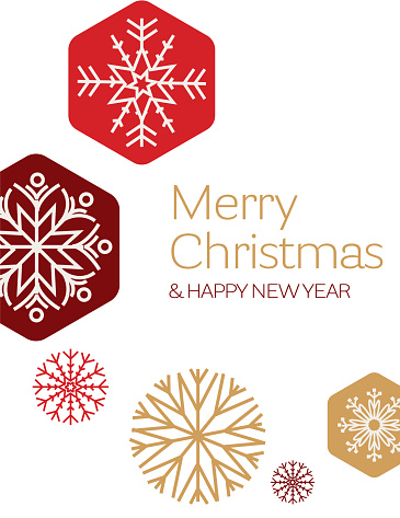 Vector illustration of a Merry Christmas and Happy New Year greeting design template with elegant abstract geometric snowflakes. Easy to edit vector eps in download. Includes high resolution jpg.