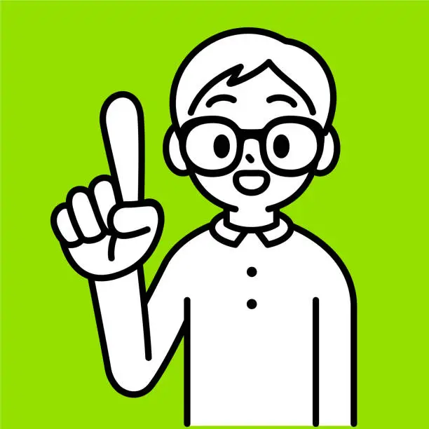 Vector illustration of A studious boy with Horn-rimmed glasses is pointing up with his index finger and explaining, looking at the viewer, minimalist style, black and white outline