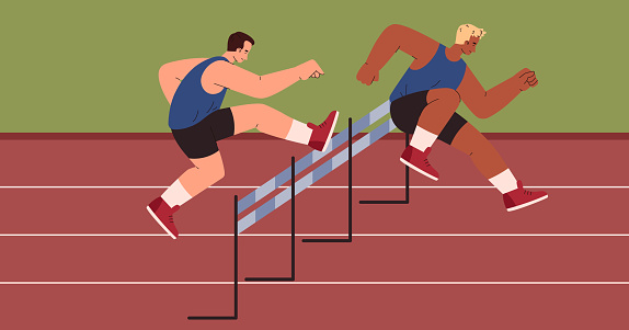 Men fast run hurdle race in the stadium. Athletic Steeplechase competition. Athletes group run through obstacles vector flat illustration. Multinational sport cartoon male character in motion