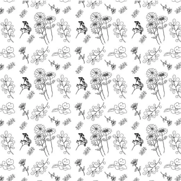 Vector illustration of Seamless pattern of line drawing flowers and plants