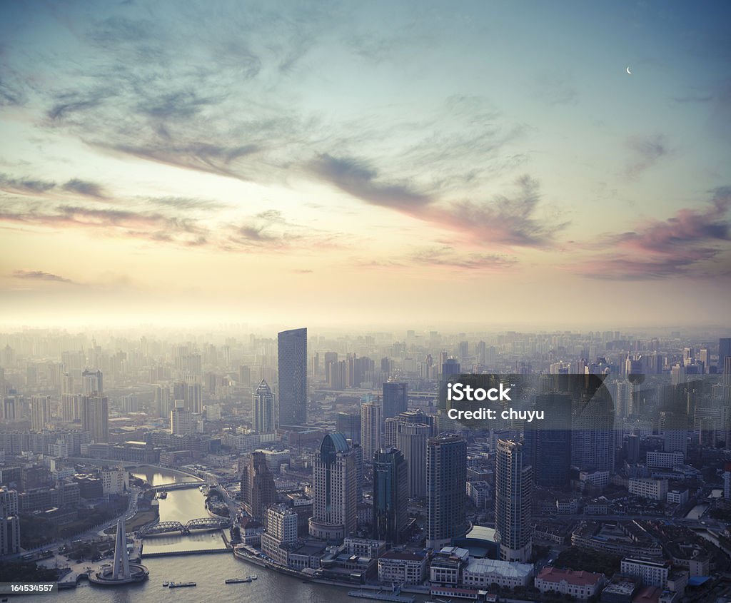 shanghai at dusk a bird's eye view of shanghai at dusk Aerial View Stock Photo