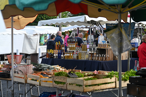 Saint Cast le Guildo, France, August 28, 2023 - Weekly market at Place des Mielles in Saint-Cast-le-Guildo, Côte d'Émeraude, Brittany.