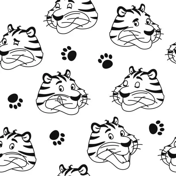 Vector illustration of Black and white outline tiger seamless pattern. Cute cartoon animal head and paw print for kids coloring book page design. Wrapping paper fabric background repeat tile. Creative vector illustration.