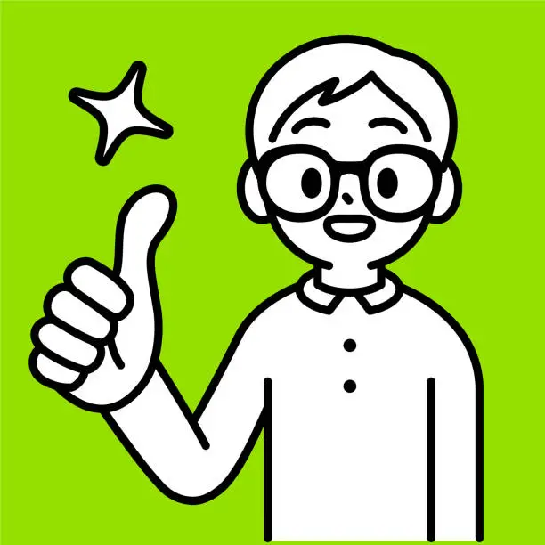 Vector illustration of A studious boy with Horn-rimmed glasses standing upright, giving a thumbs up, and looking at the viewer, minimalist style, black and white outline