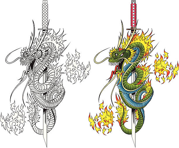 dragon und schwert - pattern japanese culture characters black stock-grafiken, -clipart, -cartoons und -symbole