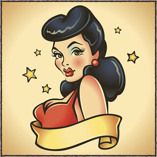 Old School PinUp Tattoo A retro style tattoo of a 1940's/50's pin up girl. vintage pin up girl tattoo stock illustrations