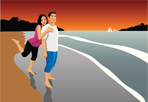 Couple at the beach A loving and happy couple at the beach in the sunset. costa esmeralda stock illustrations