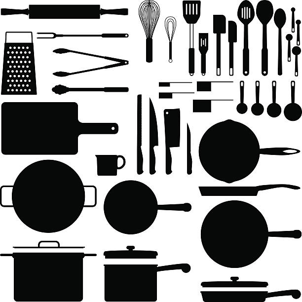 ilustraciones, imágenes clip art, dibujos animados e iconos de stock de siluetas de cocina - wire whisk symbol computer icon spatula