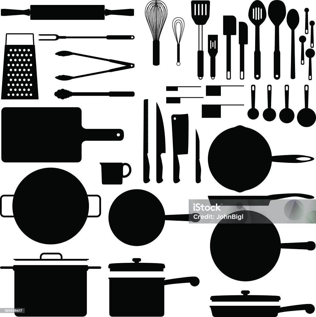 Black silhouettes of kitchen utensils Kitchen utensil silhouette collection in vector format Cooking Pan stock vector