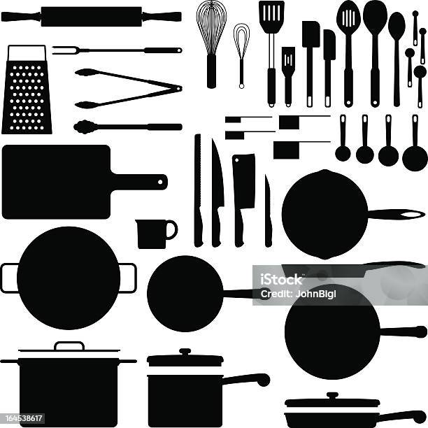 Black Silhouettes Of Kitchen Utensils Stock Illustration - Download Image Now - Cooking Pan, In Silhouette, Vector