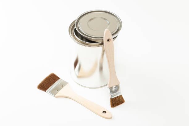 istock Paint brushes and paint cans on white background. 1645400368