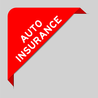 Red color of corner label banner with word auto insurance on gray background