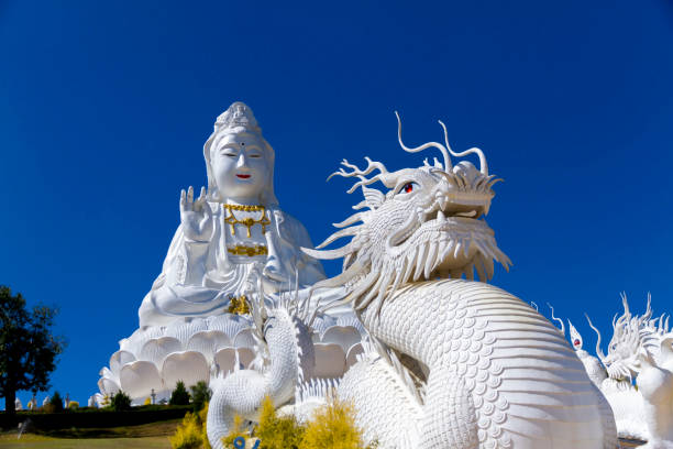 Big statue white Guanyin Big statue white Guanyin and  blue sky at Wat Huay Pla Kang Chiang Rai, thailand kannon bosatsu stock pictures, royalty-free photos & images