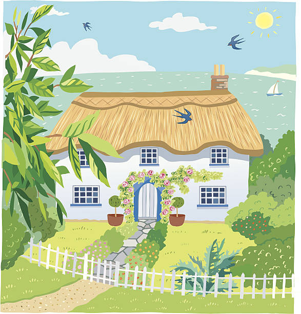 Seaside Cottage Cute country cottage with roses round door in a picket fenced garden. Sea with beach, yacht, hills, sun, birds and clouds in background with foliage to foreground. paved yard stock illustrations
