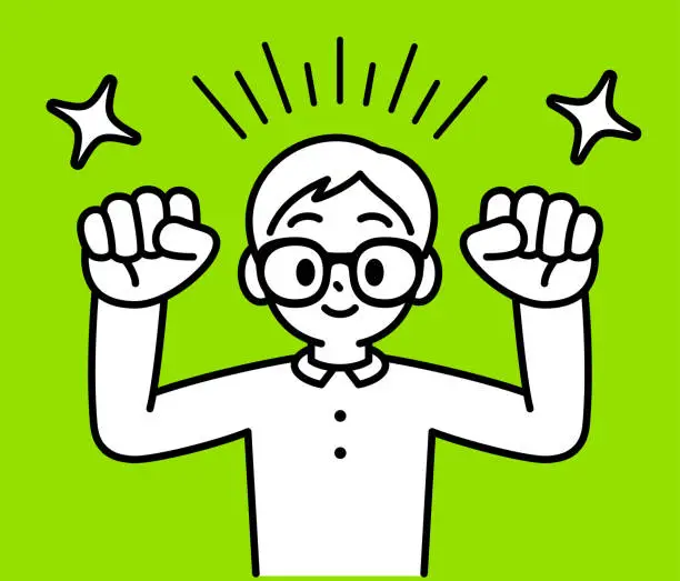 Vector illustration of A studious boy with Horn-rimmed glasses standing upright, flexing his biceps to show his power, and looking at the viewer, minimalist style, black and white outline.
Strength of the Mind and Body, Power of Knowledge, Brains and Brawn