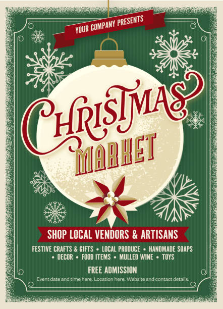 weihnachtsmarktplakat-designvorlage mit dekorationsornament und textdesign, flyer, broschüre, werbung im vintage-stil - weihnachtsmarkt stock-grafiken, -clipart, -cartoons und -symbole