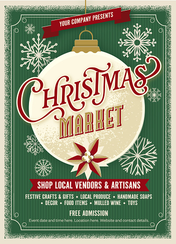 Vector illustration Christmas Market poster design template with decoration ornament and text design, flyer, leaflet, advertisement. Easy to edit vector eps in download. Includes high resolution jpg.