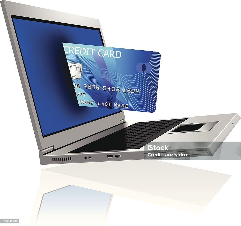 Carta di credito emessa in un Laptop - arte vettoriale royalty-free di Acquisti a domicilio
