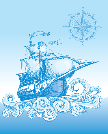 Hand drawn sailboat and compass.