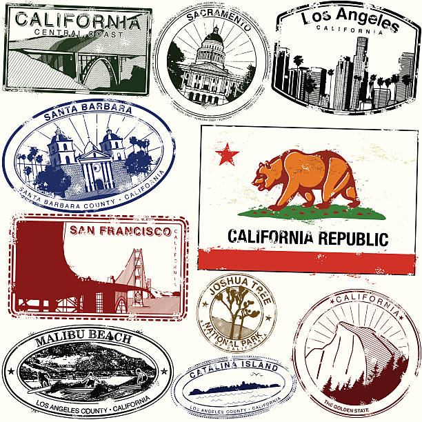 The Goldenest of states California Flag and some retro/vintage California city stamps san francisco flag stock illustrations