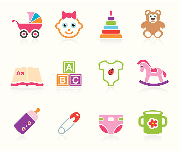 dzieci ikony-girls - block toy education alphabet stock illustrations