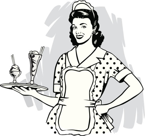 ilustrações de stock, clip art, desenhos animados e ícones de vintage empregada de mesa - waitress stereotypical homemaker black and white service