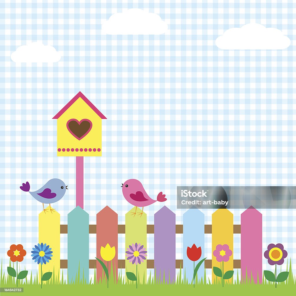 Colorful birds, fences and birdhouse background Couple of birds and birdhouse. Animal stock vector