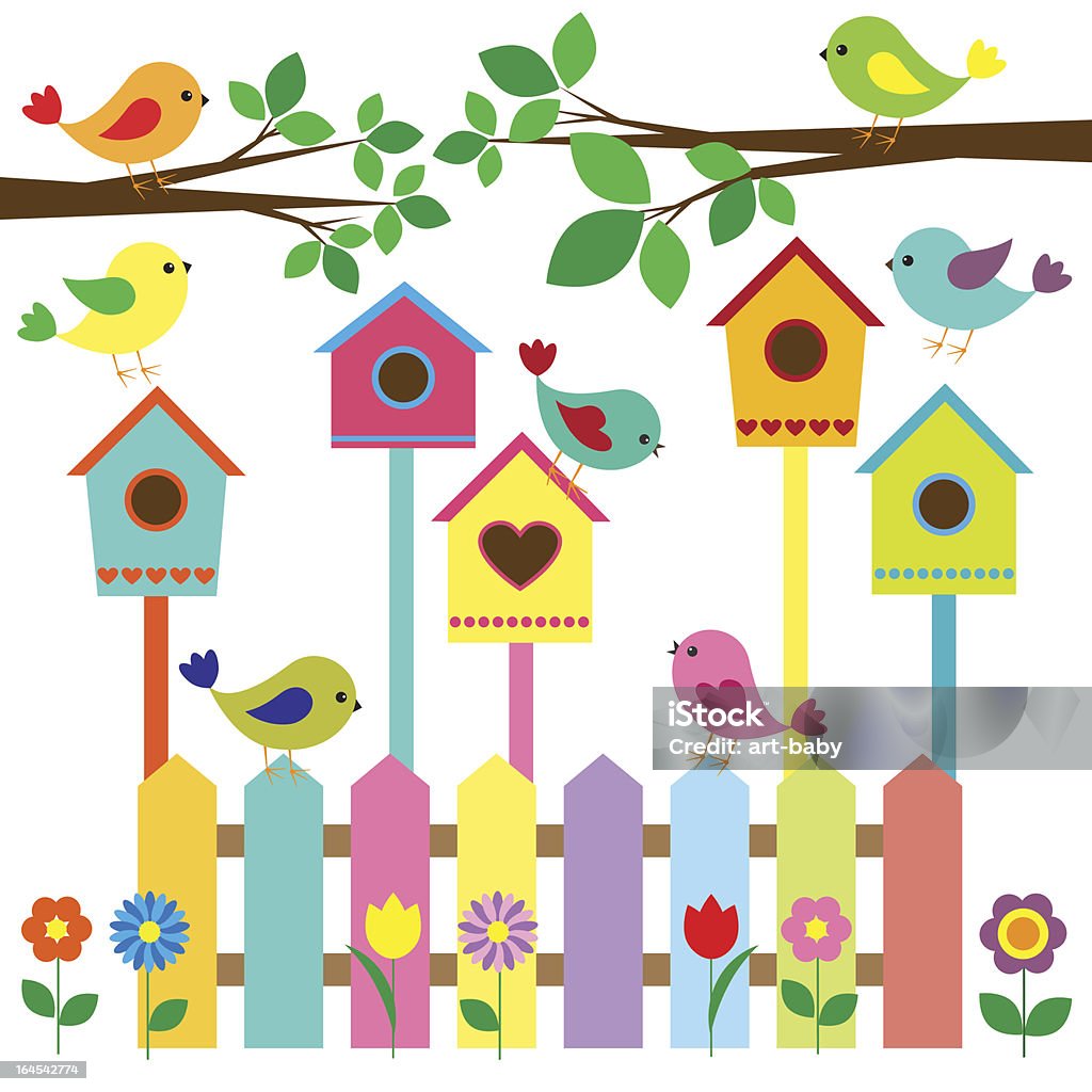 Uccelli e Birdhouses - arte vettoriale royalty-free di Casetta per gli uccelli