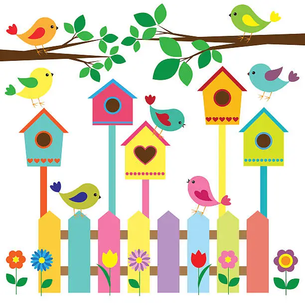 Vector illustration of Birdhouses and birds